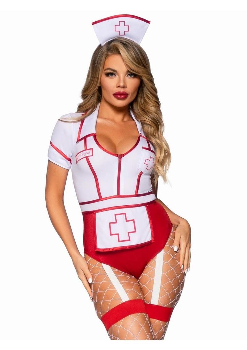 Leg Avenue Nurse Feelgood Snap Crotch Garter Bodysuit with Attached Apron and Hat Headband - Red/White - Large - 2 Piece