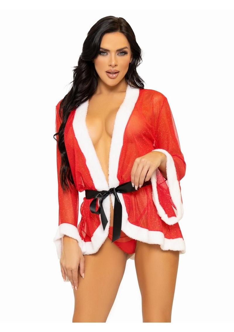 Leg Avenue Santa Mesh Robe with Plush Trim, Ribbon Tie, and G-String - Red/White - Large/Medium - 3 Piece