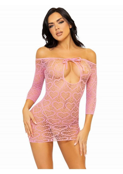 Leg Avenue Seamless Heart Net Mini Dress with Keyhole Tie Front - Pink - One Size