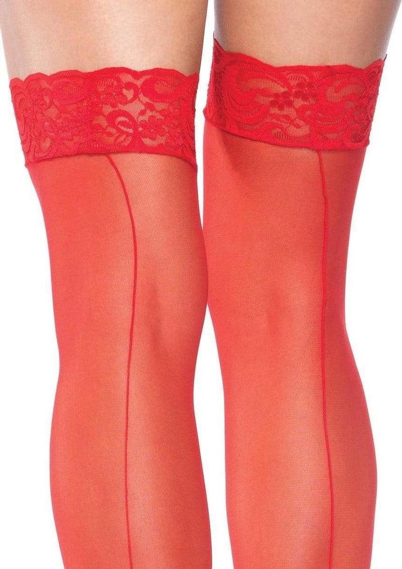 Leg Avenue Sheer Stocking with Back Seam Lace Top - Red - One Size