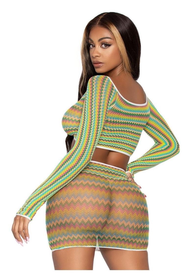 Leg Avenue Zig Zag Net Gauntlet Sleeve Crop Top and Mini Skirt - Green - One Size - 2 Piece