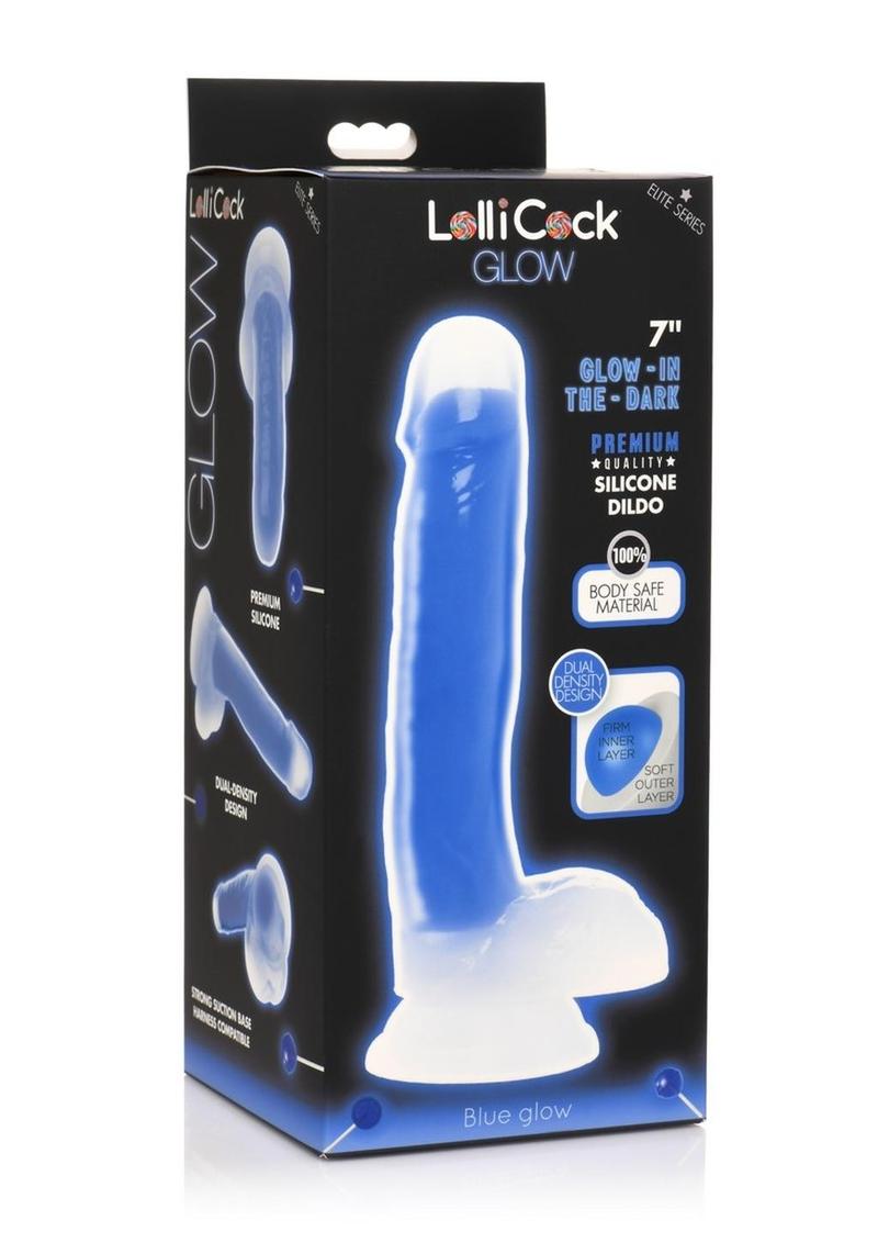 Lollicock Glow In The Dark Silicone Dildo with Balls - Blue/Glow In The Dark - 7in