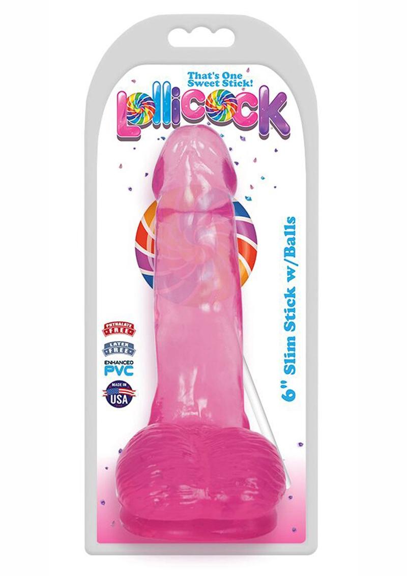 Lollipop Slim Stick Dildo with Balls - Cherry Ice/Red - 6in