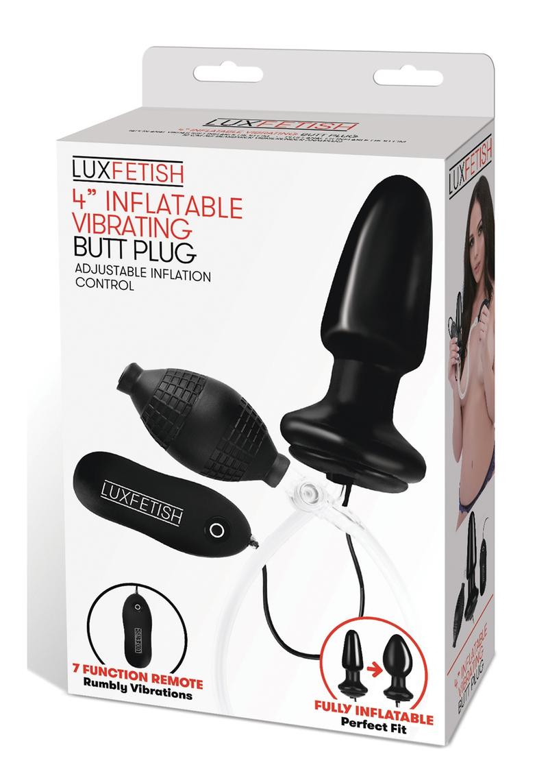 Lux Fetish Latex Inflatable Vibrating Butt Plug with Wired Remote Control - Black - 4in