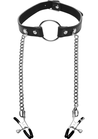 Master Series Seize O-Ring Gag with Nipple Clamps - Black/Metal