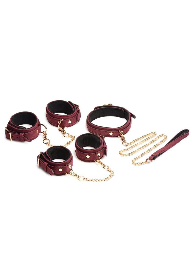 Master Series Velvet Bondage Set Cuffs, Collar, and Leash - Burgundy/Gold/Metal/Red - 6 Piece