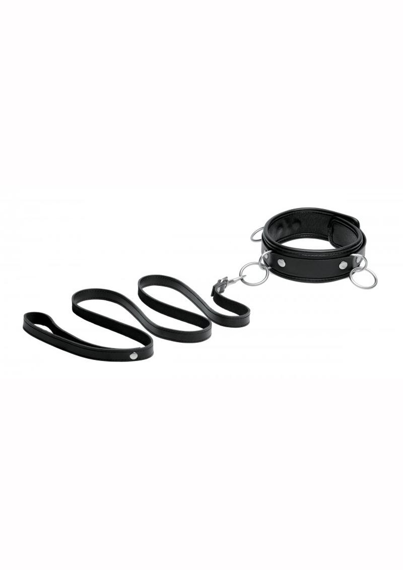 Mistress By Isabella Sinclaire Leather 3 Ring Collar with Leash - Black/Metal