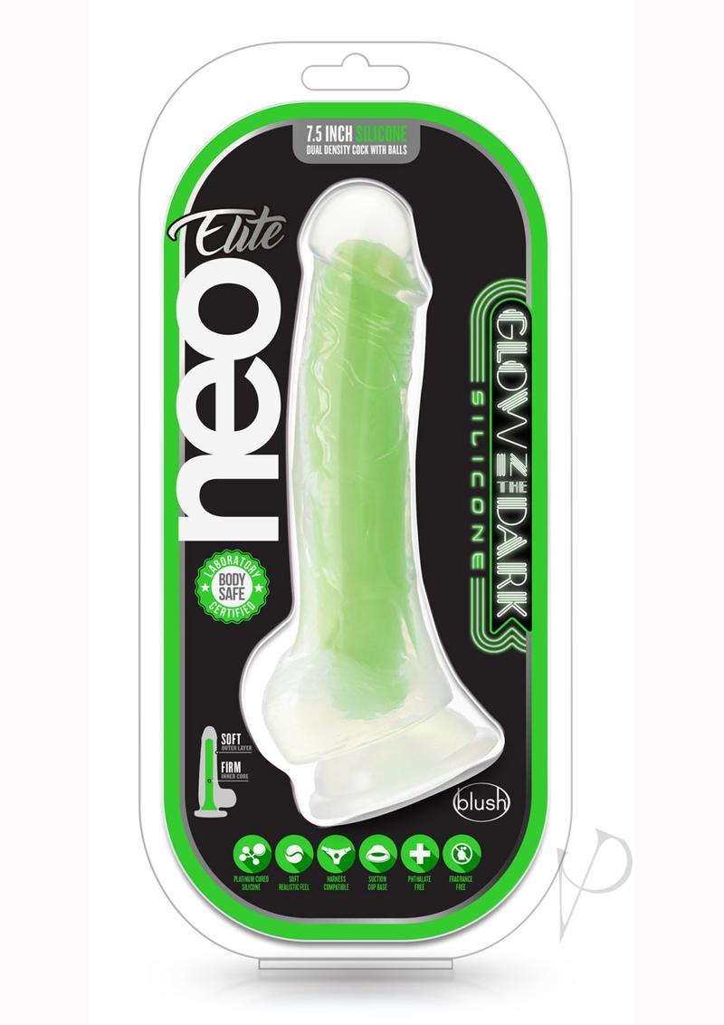 Neo Elite Glow In The Dark Dildo with Balls - Glow In The Dark/Green - 7.5in