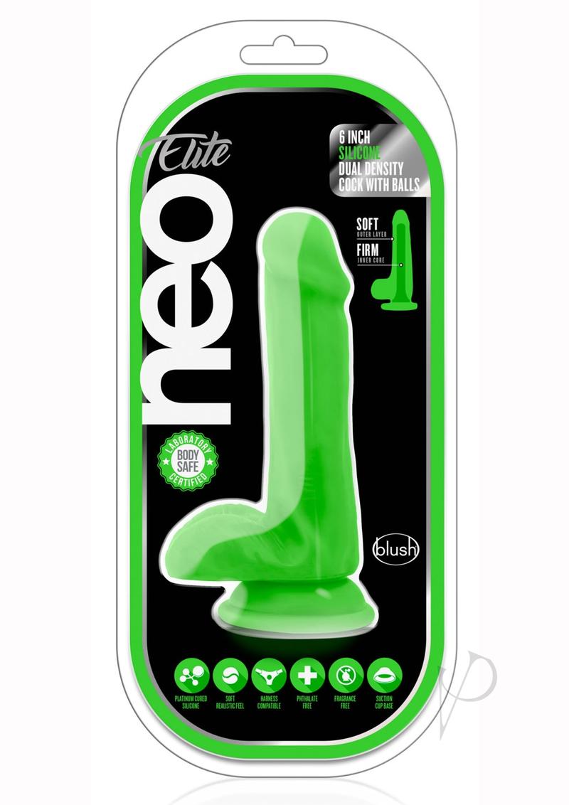 Neo Elite Silicone Dual Density Dildo with Balls - Green/Neon Green - 6in