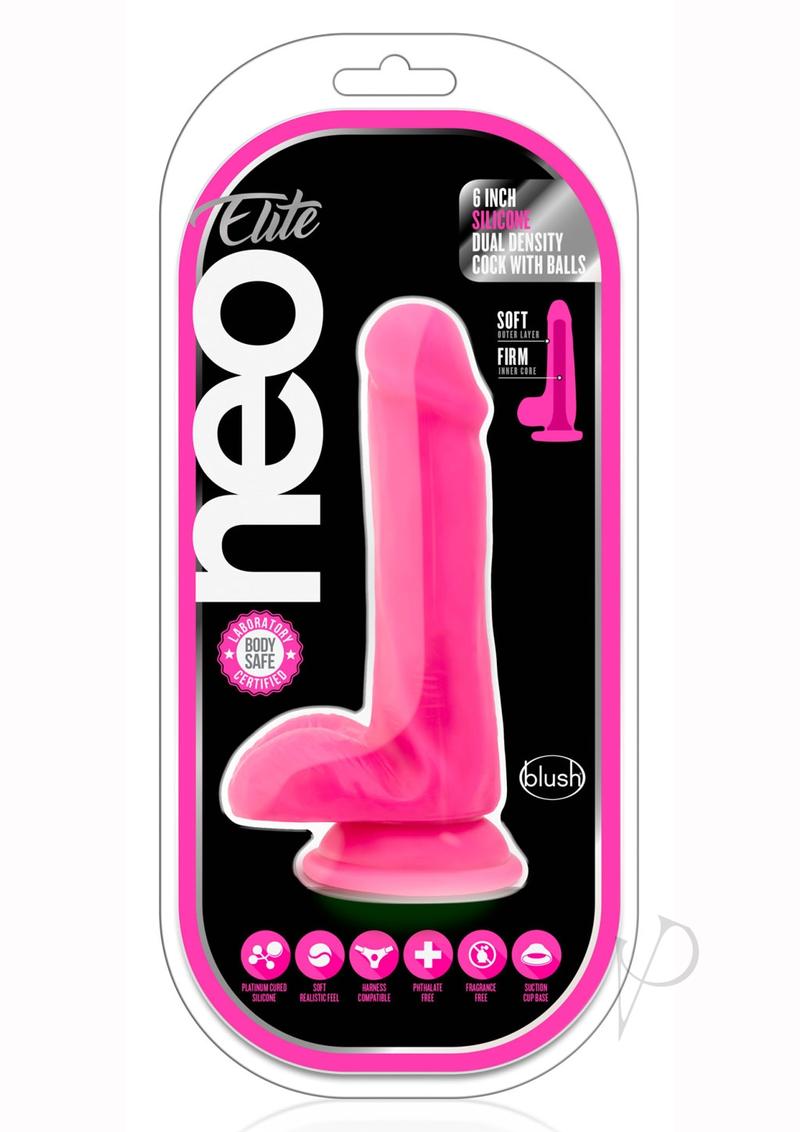 Neo Elite Silicone Dual Density Dildo with Balls - Neon Pink/Pink - 6in