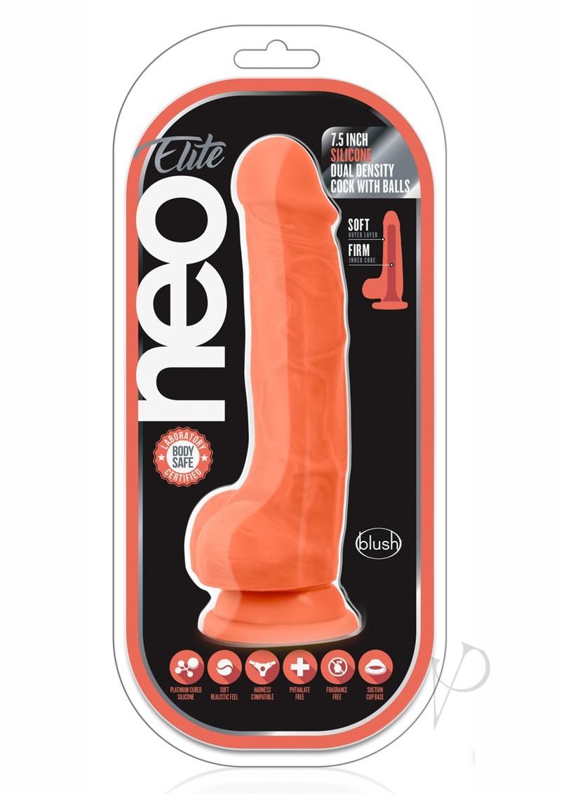 Neo Elite Silicone Dual Density Dildo with Balls - Neon Orange/Orange - 7.5in