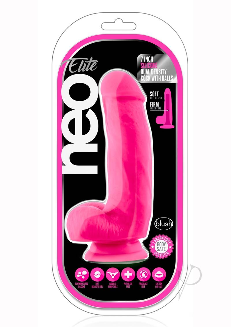 Neo Elite Silicone Dual Density Dildo with Balls - Neon Pink/Pink - 7in