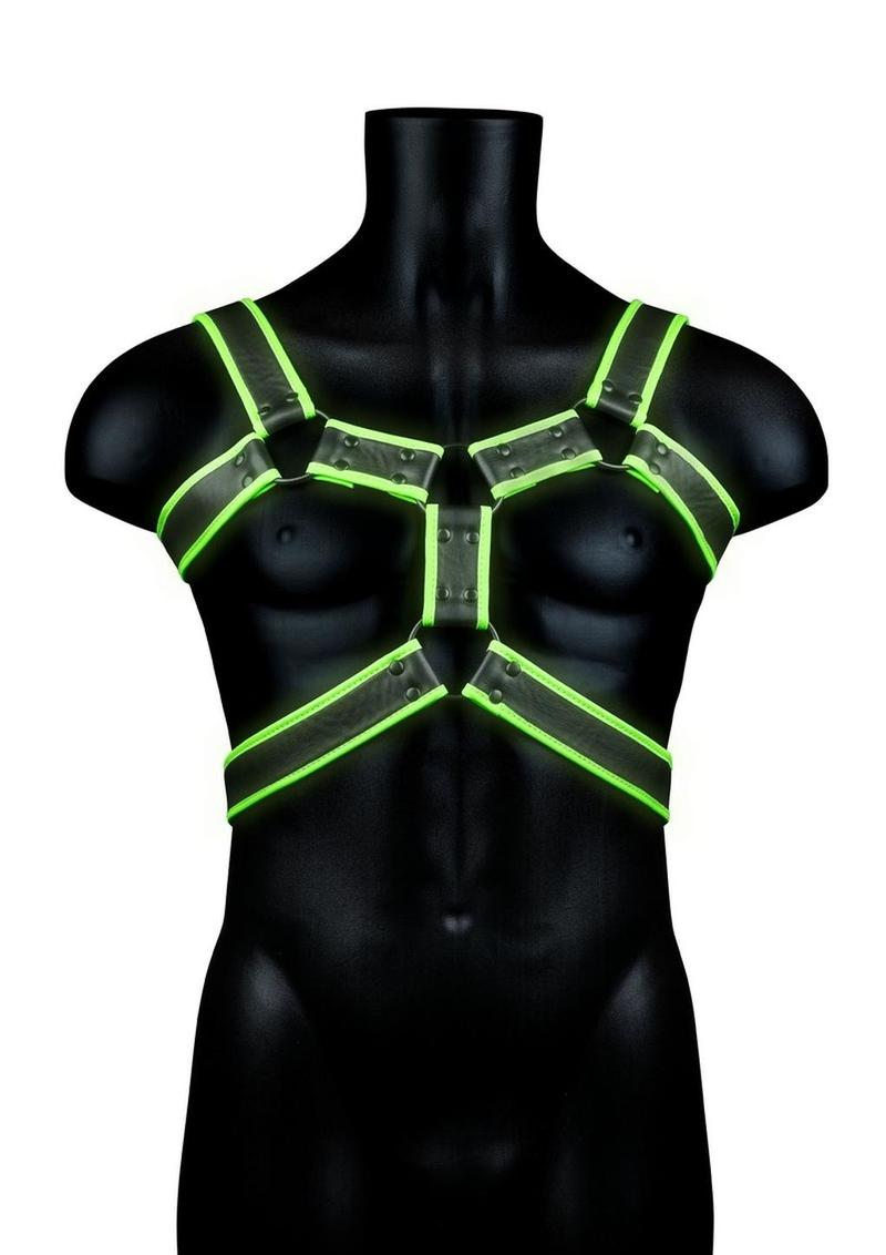 Ouch! Bonded Leather Body Harness - Black/Glow In The Dark/Green - Large/XLarge