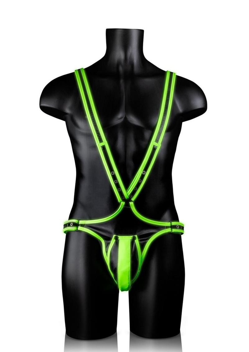 Ouch! Bonded Leather Full Body Harness - Black/Glow In The Dark/Green - Large/XLarge