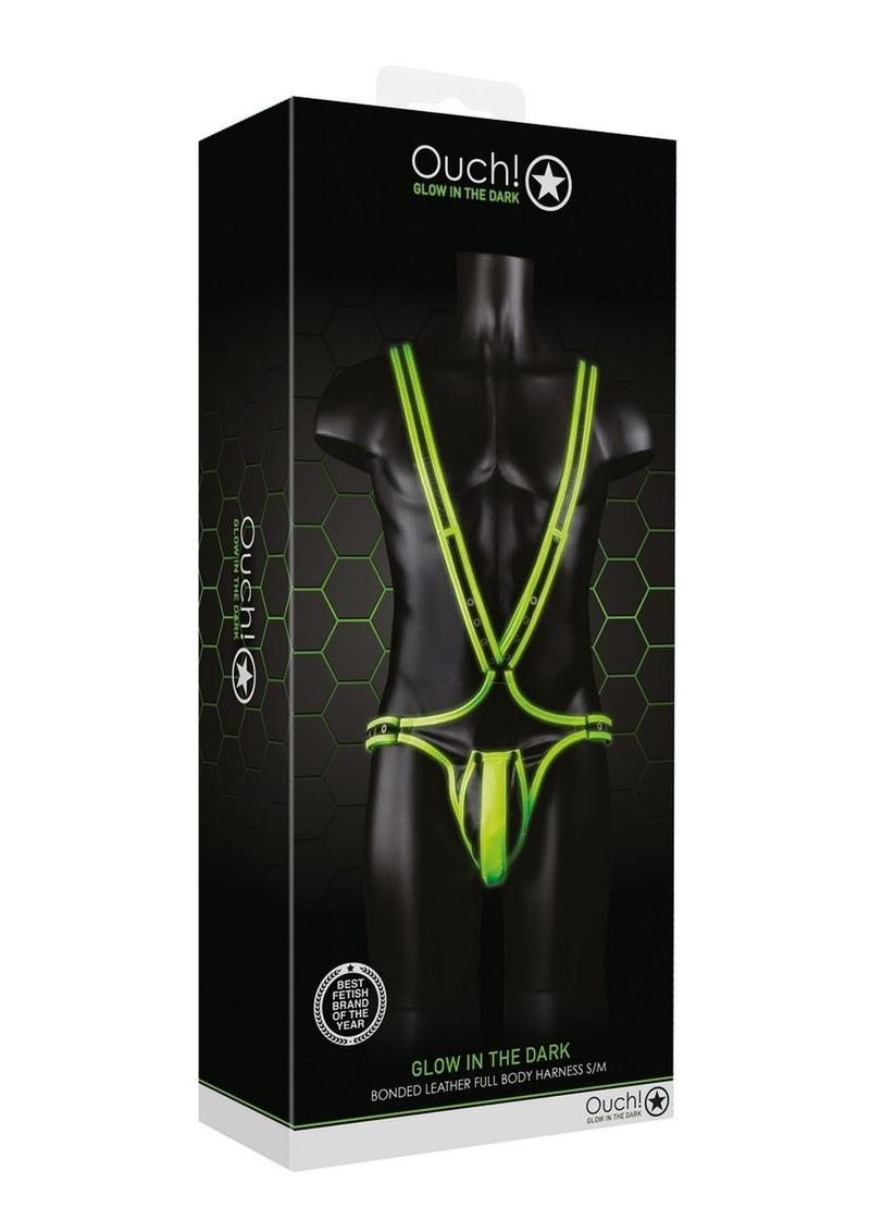 Ouch! Bonded Leather Full Body Harness - Black/Glow In The Dark/Green - Medium/Small