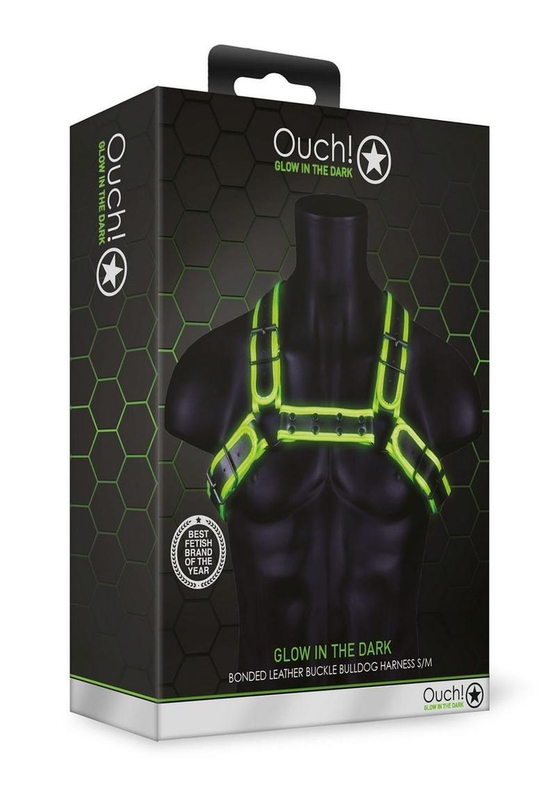 Ouch! Buckle Bulldog Harness - Black/Glow In The Dark/Green - Medium/Small