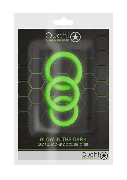 Ouch! Cock Ring Silicone - Glow In The Dark/Green - 3pc/Set