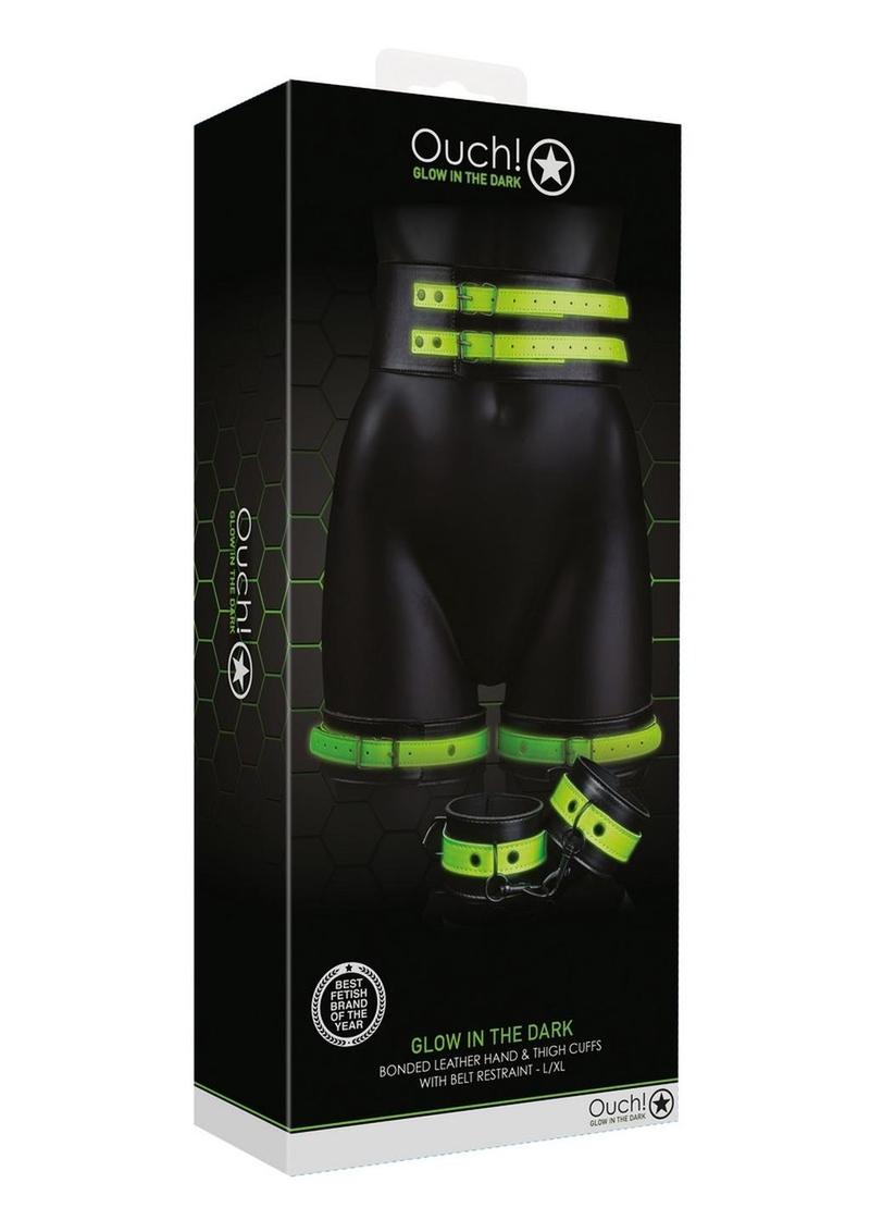 Ouch! Thigh Cuffs with Belt and Handcuffs - Glow In The Dark/Green - Large/XLarge