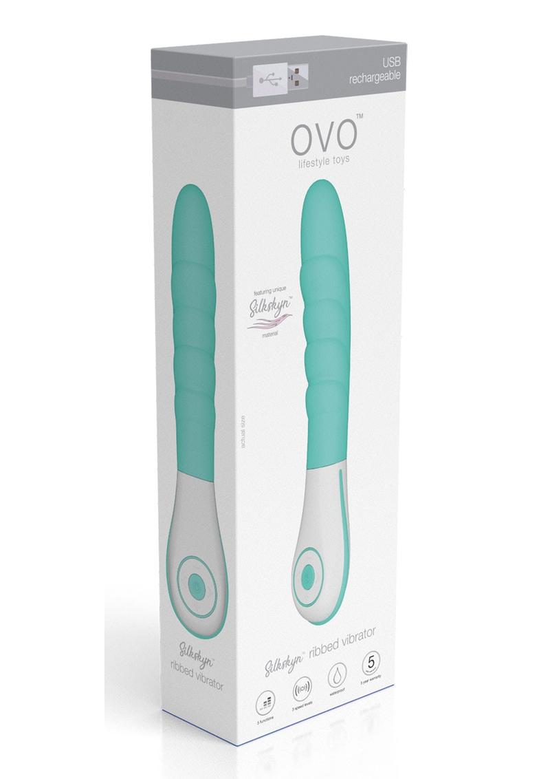 OVO Silkskyn Rechargeable Silicone Ribbed Vibrator - Aqua/Teal/White