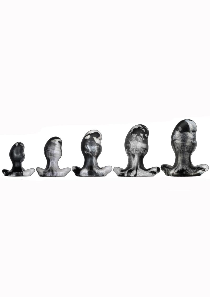 Oxballs Ergo Silicone Butt Plug - Black/Platinum Swirl/Silver - XSmall