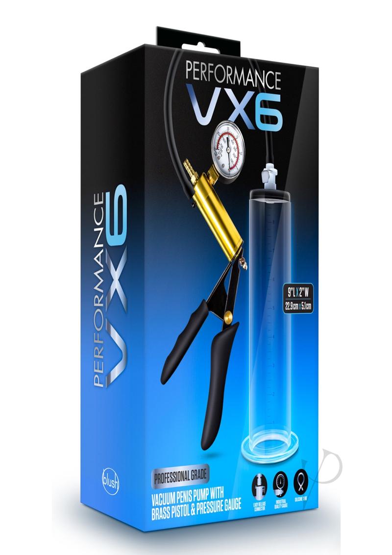 Performance Vx6 Vacuum Penis Pump with Brass Pistol and Pressure Gauge - Clear - 9.5in
