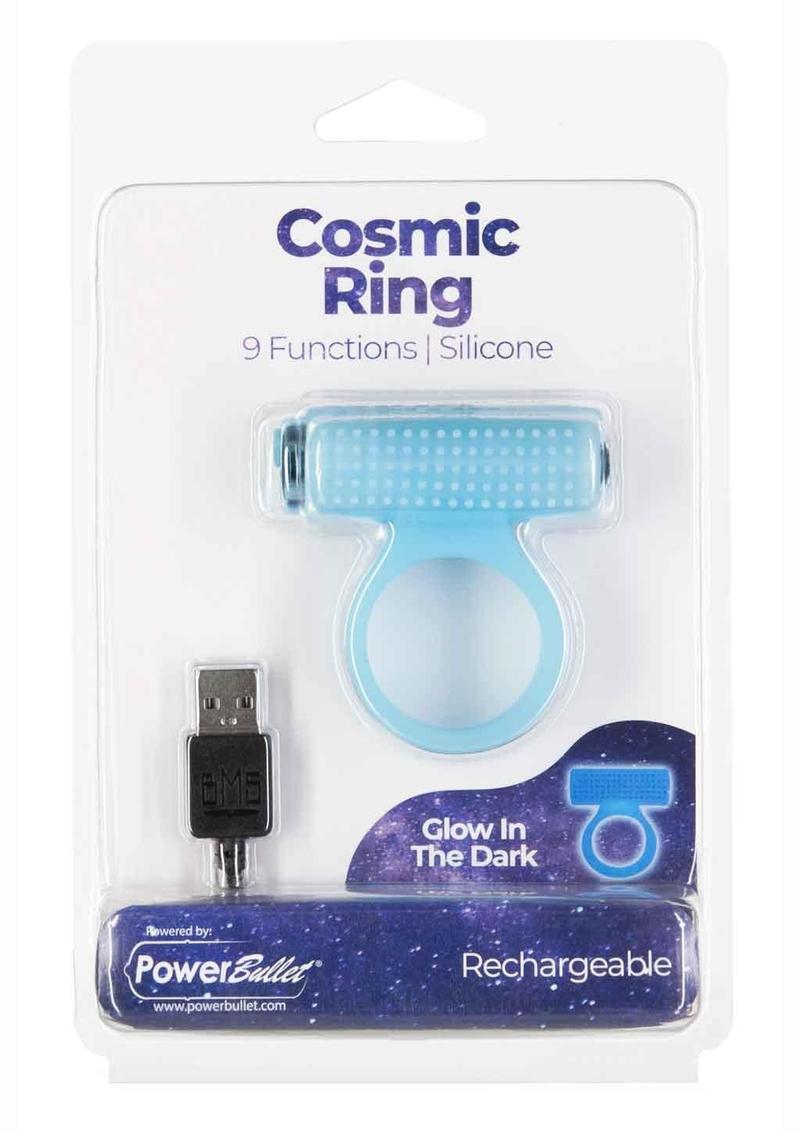 Powerbullet Cosmic Ring Rechargeable Silicone Vibrating Cock Ring - Glow In - Blue/Dark Blue/Glow In The Dark