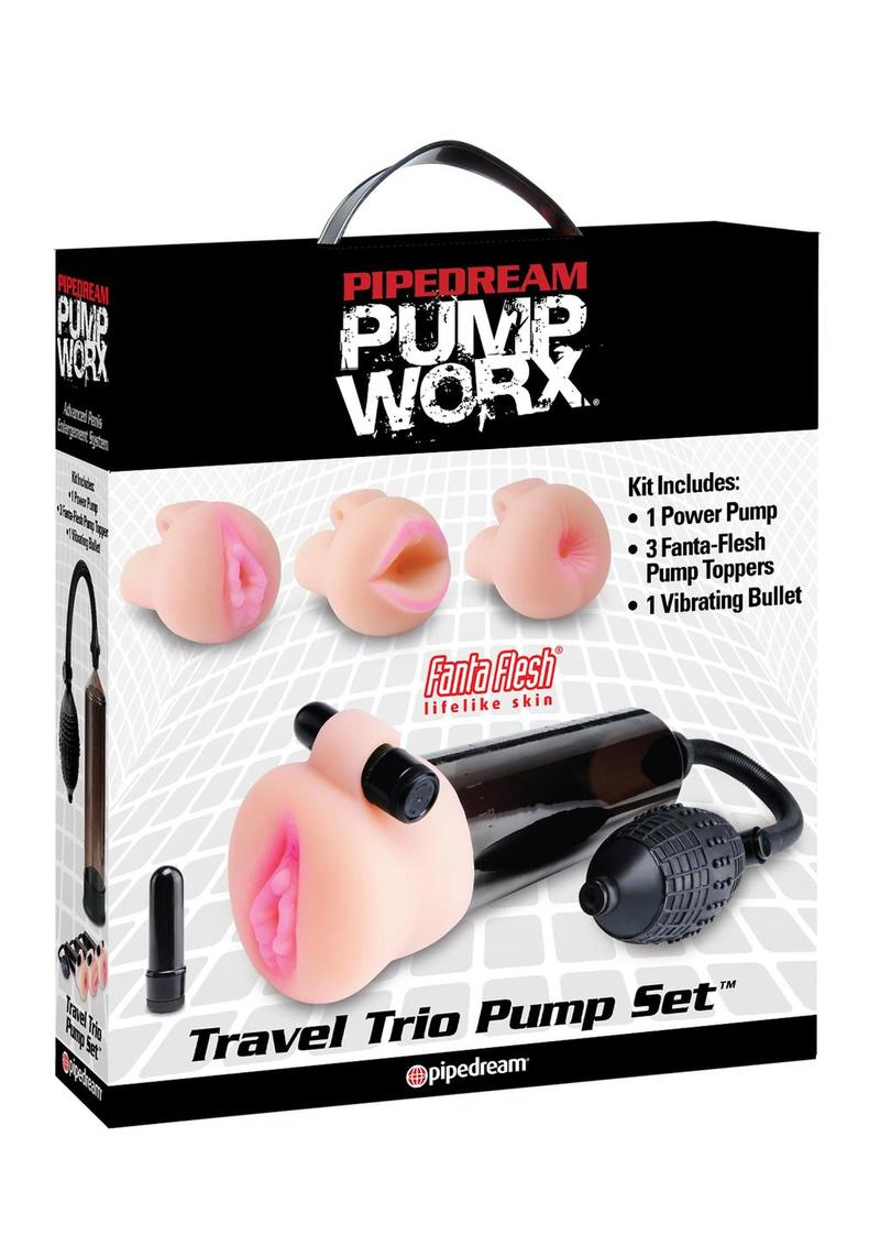 Pump Worx Travel Trio 9 Piece Penis Pump and Pleasure Sleeve - Black/Vanilla - Set