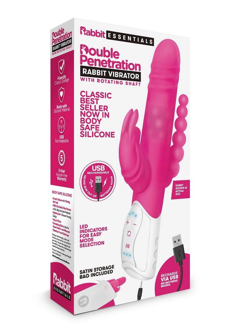 Rabbit Essential Silicone Rechargeable Double Penetration Rabbit Vibrator - Hot Pink/Pink