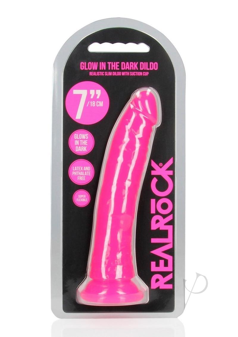 Realrock Slim Glow In The Dark Dildo with Suction Cup - Glow In The Dark/Pink - 7in