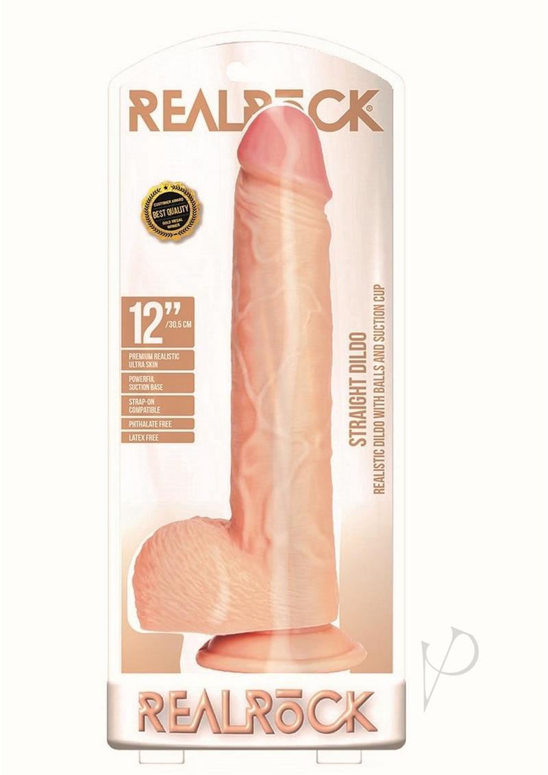 Realrock Straight Realistic Dildo with Balls and Suction Cup - Vanilla - 12in