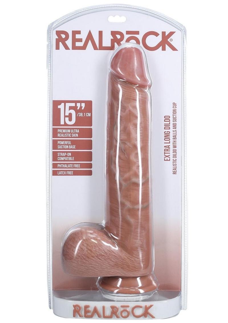 Realrock Ultra Realistic Skin Extra Large Straight Dildo with Balls and Suction Cup - Caramel - 15in