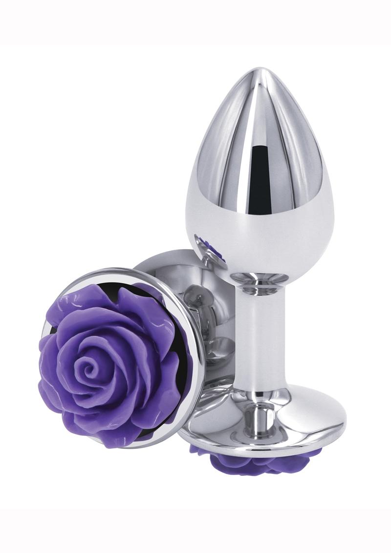 Rear Assets Rose Aluminum Anal Plug - Metal/Purple/Silver - Small