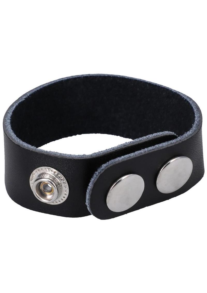 Rock Solid The Leather 3 Snap Adjustable Cock Ring - Black