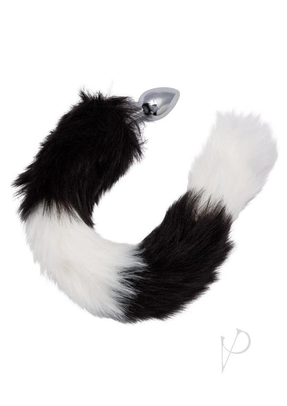 Running Wild Black and White Tail Faux Fur Tail and Metallic Anal Plug - Black/Metal/White