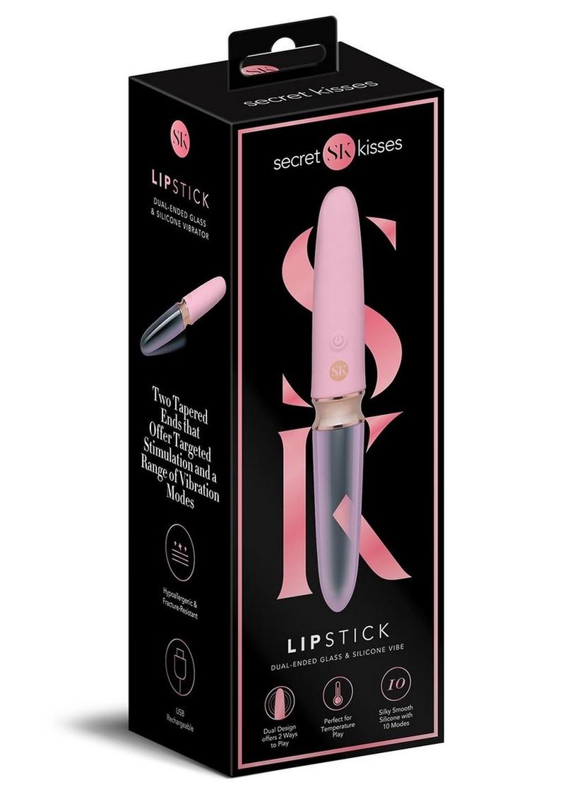 Secret Kisses Glass Lipstick Rechargeable Silicone Dual End Vibrator - Clear/Pink