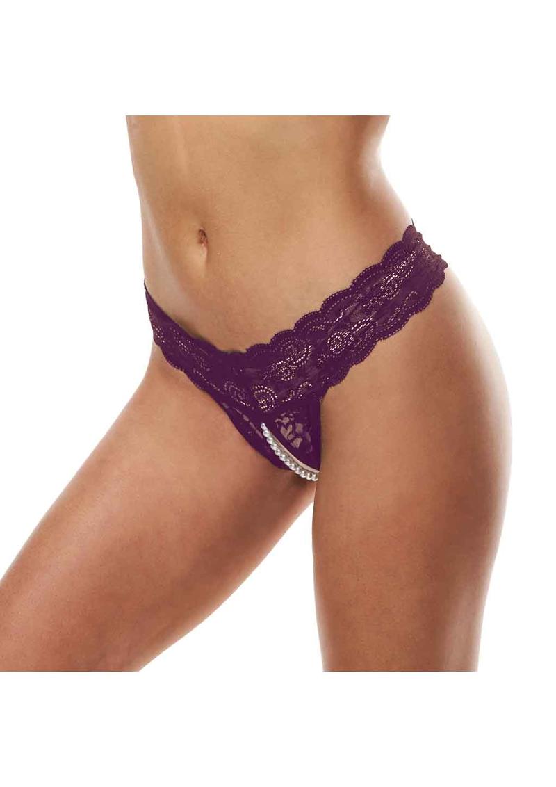 Secret Kisses Lace and Pearl Crotchless Thong - Black/Purple - Large/Medium