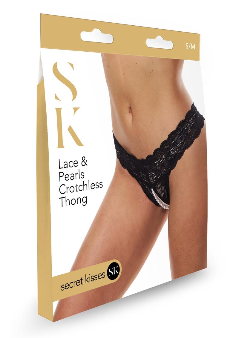 Secret Kisses Lace and Pearl Crotchless Thong - Black - Medium/Small