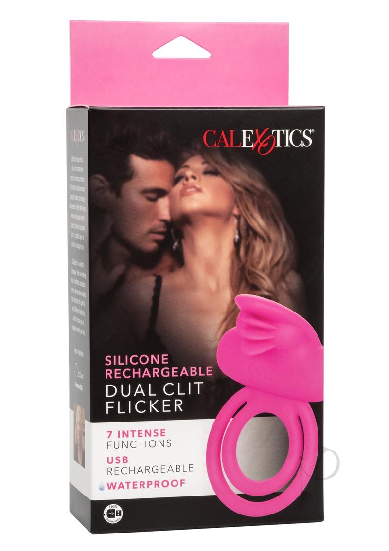 Silicone Rechargeable Dual Clit Flicker Vibrating Cockring Multispeed Waterproof - Pink