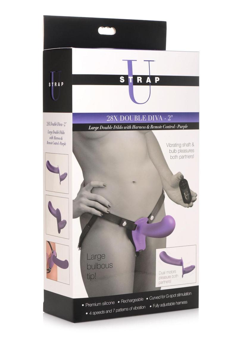 Strap U 28x Rechargeable Silicone 28x Large Double Dildo with Harness and Remote Control - Purple