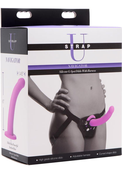 Strap U Navigator Silicone G-Spot 7in Dildo with Harness - Purple