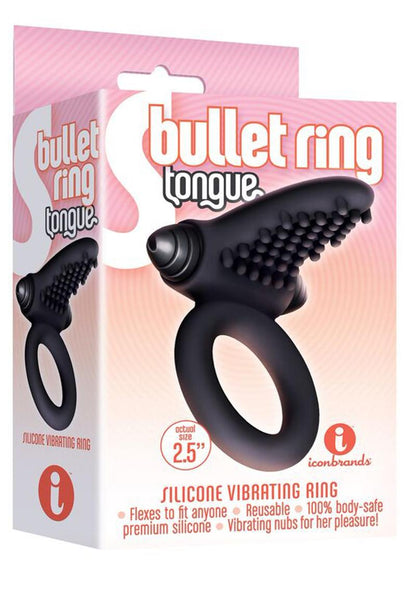 The 9's - S-Bullet Ring Tongue Silicone Vibrating Cock Ring - Black