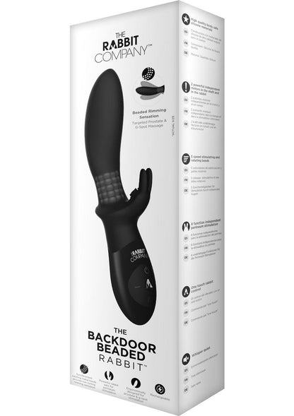 The Backdoor Beaded Rabbit Rechargeable Silicone Vibrator with Dual Prostate and G-Spot Stimulation with Rotating Beads - Black