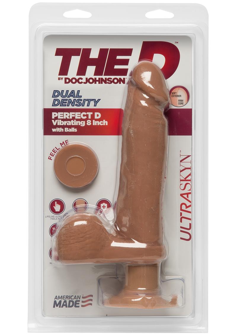 The D Perfect D Ultraskyn Vibrating Dildo with Balls - Caramel - 8in