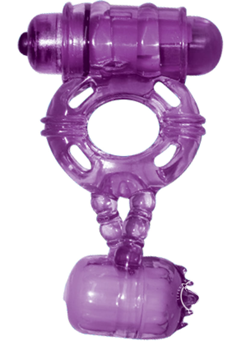 The Macho Double Cock and Balls Silicone Cock Ring - Purple