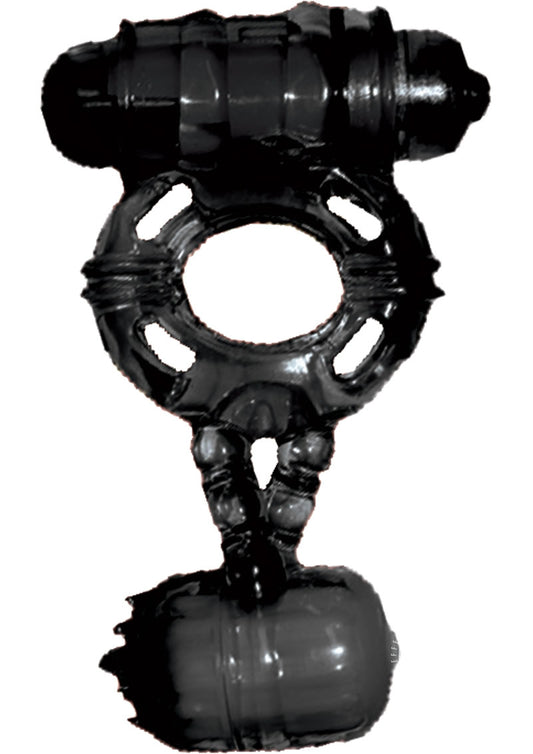 The Macho Stallions Double Cock and Ball Vibrating Silicone Cock Ring - Black