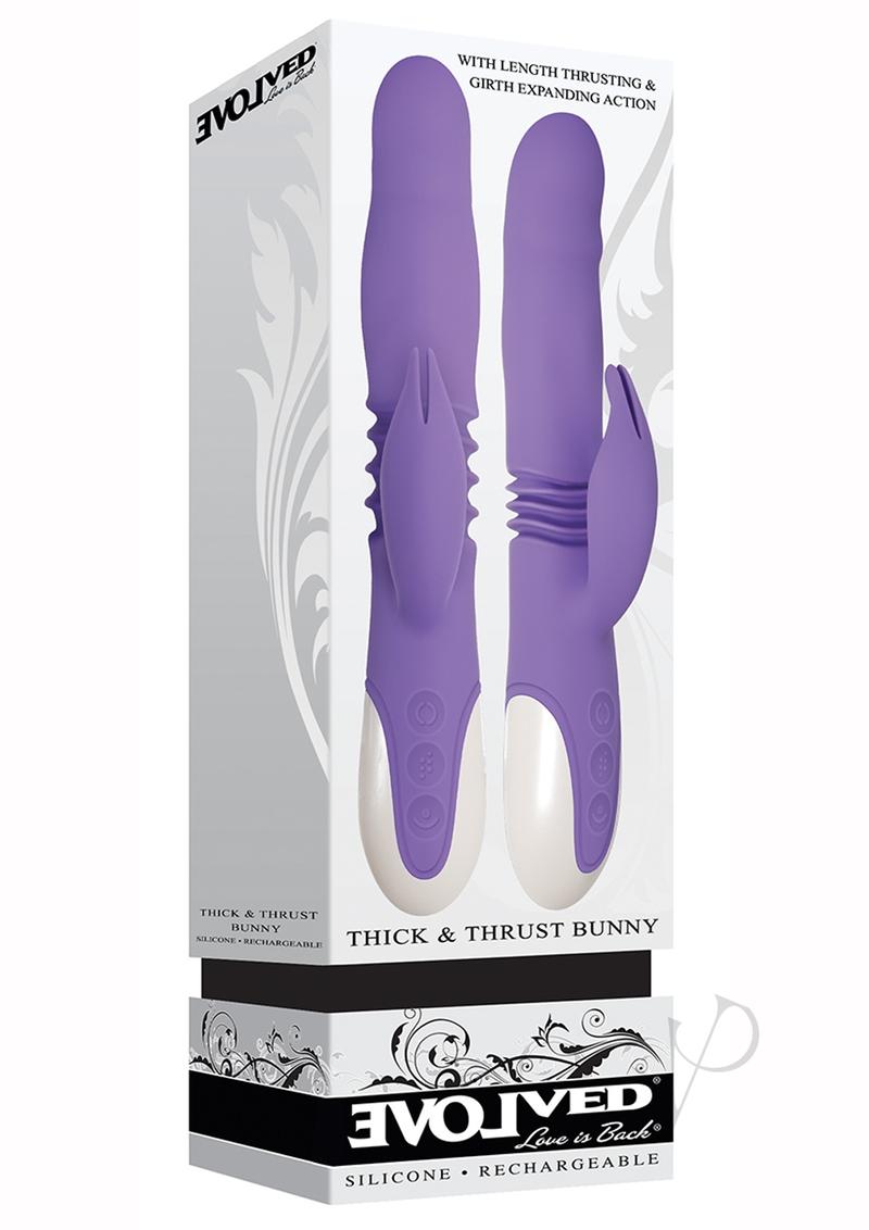 Thick and Thrust Bunny Rechargeable Silicone Rabbit Vibrator with Length Thrusting and Girth Expanding Action - Lavender/Purple