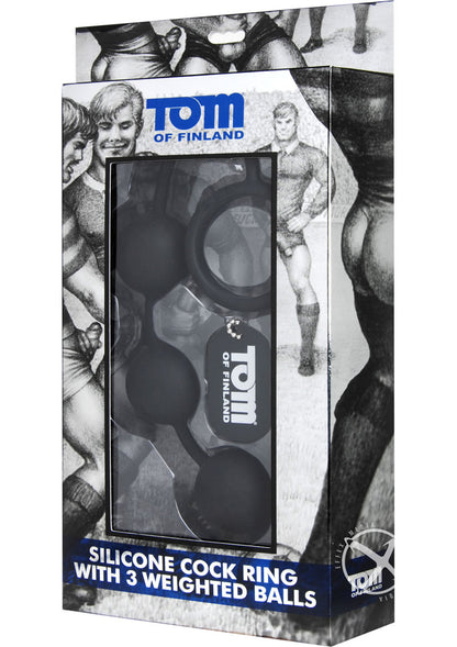 Tom Of Finland Silicone Cock Ring with 3 Weighted Balls - Black