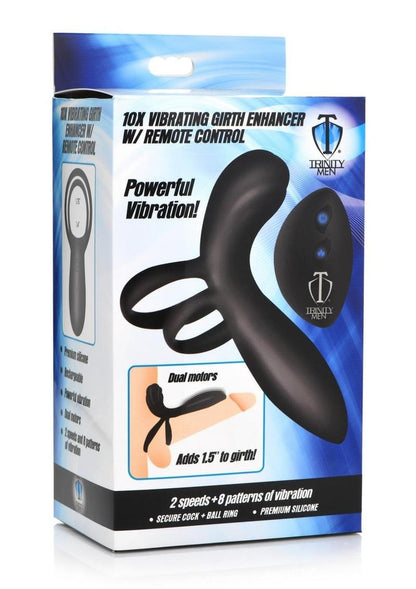 Trinity Men Rechargeable Silicone Vibrating Girth Enhancer with Remote Control - Black