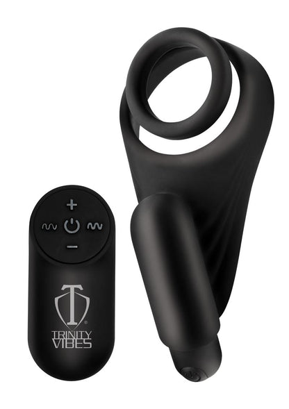 Trinity Men Silicone Rechargeable C-Ring with Vibrating Taint Stimulator and Remote Control - Black