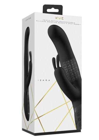 Vive Izara Triple Action Rechargeable Silicone Rotating Beaded G-Spot Rabbit Vibrator - Black